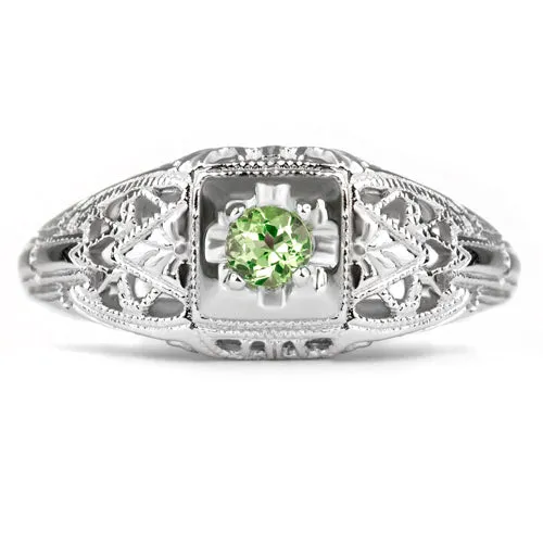 PERIDOT STERLING SILVER VINTAGE STYLE COCKTAIL RING FILIGREE PROMISE GREEN ROUND