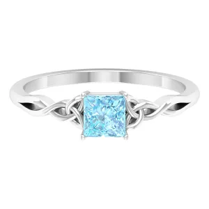 Princess Cut Aquamarine Solitaire Ring with Celtic Details