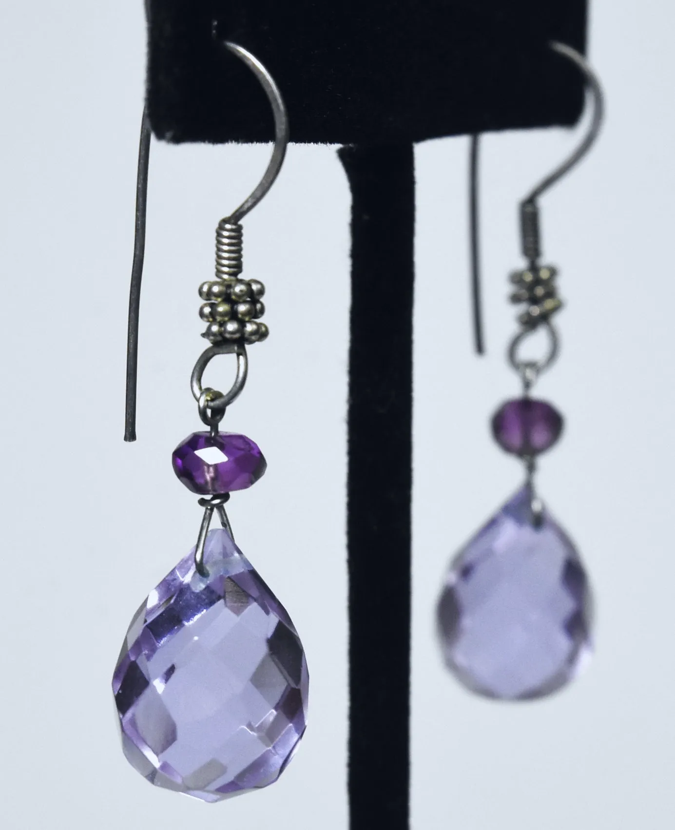 Purple Glass and Amethyst Bead Dangle Earrings