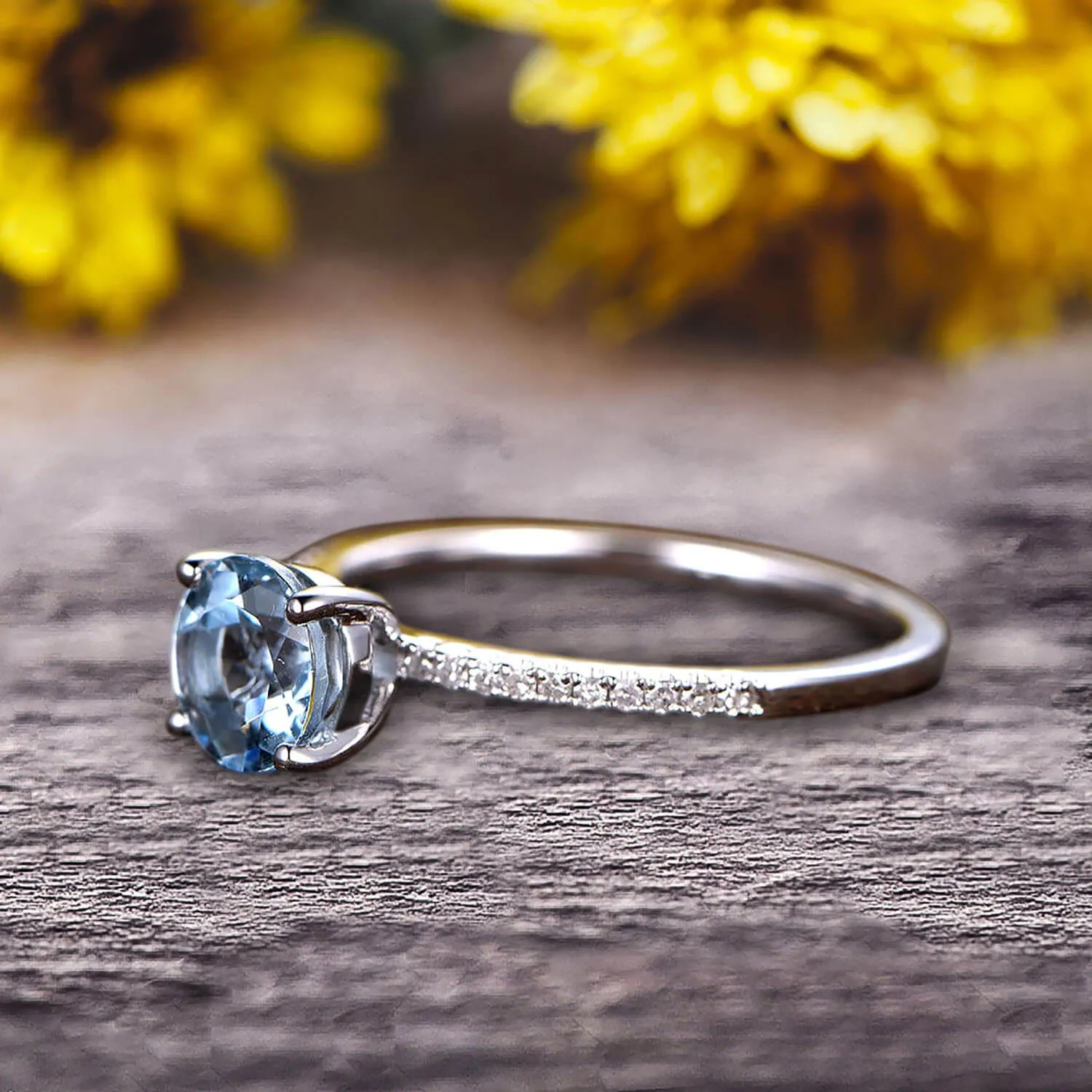 Round Cut 1.25 Carat Blue Aquamarine Engagement Ring 10k White Gold Anniversary Gift for her