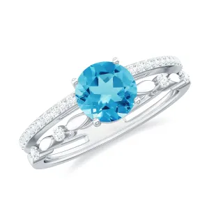 Round Shape Swiss Blue Topaz Solitaire Double Band Ring with Diamond