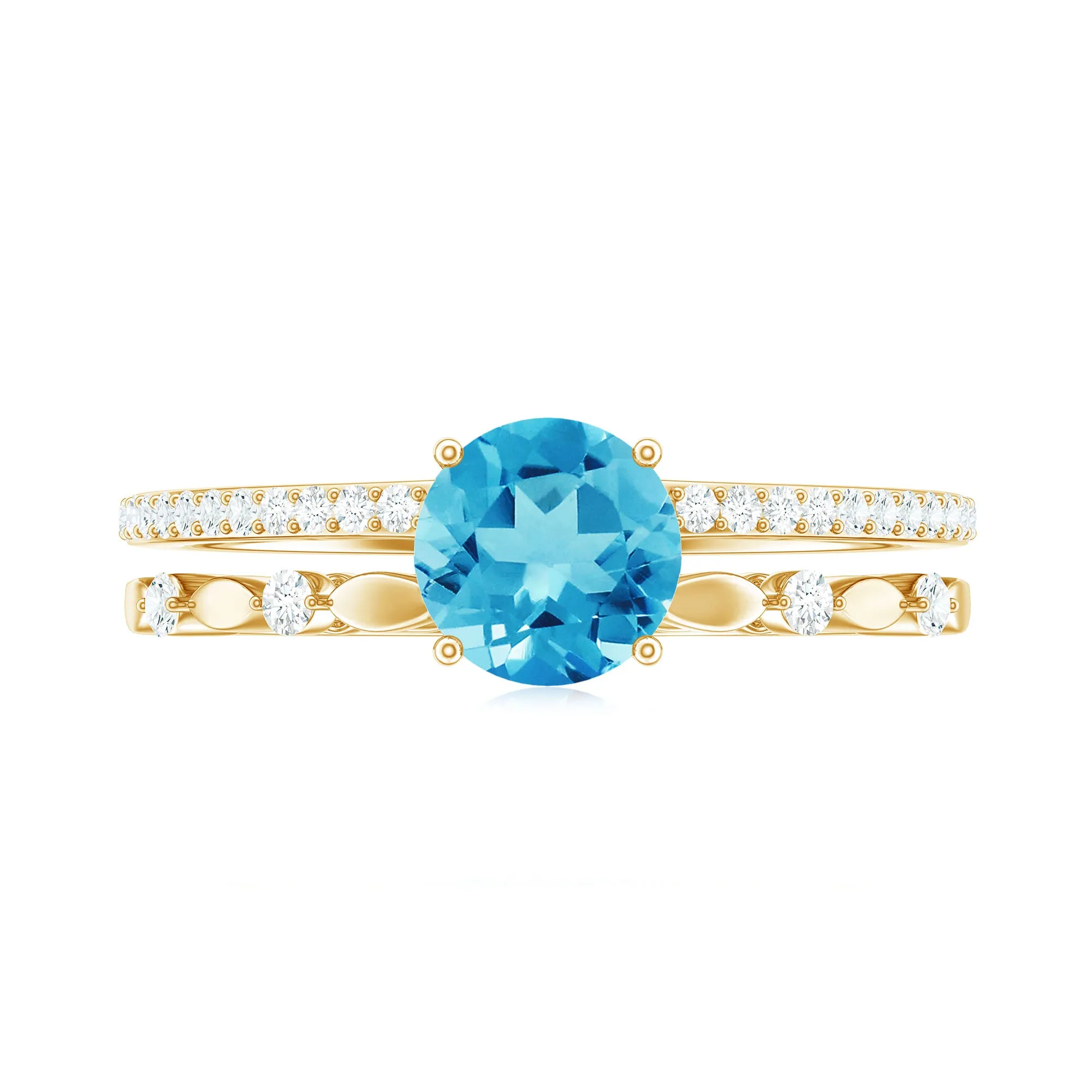 Round Shape Swiss Blue Topaz Solitaire Double Band Ring with Diamond