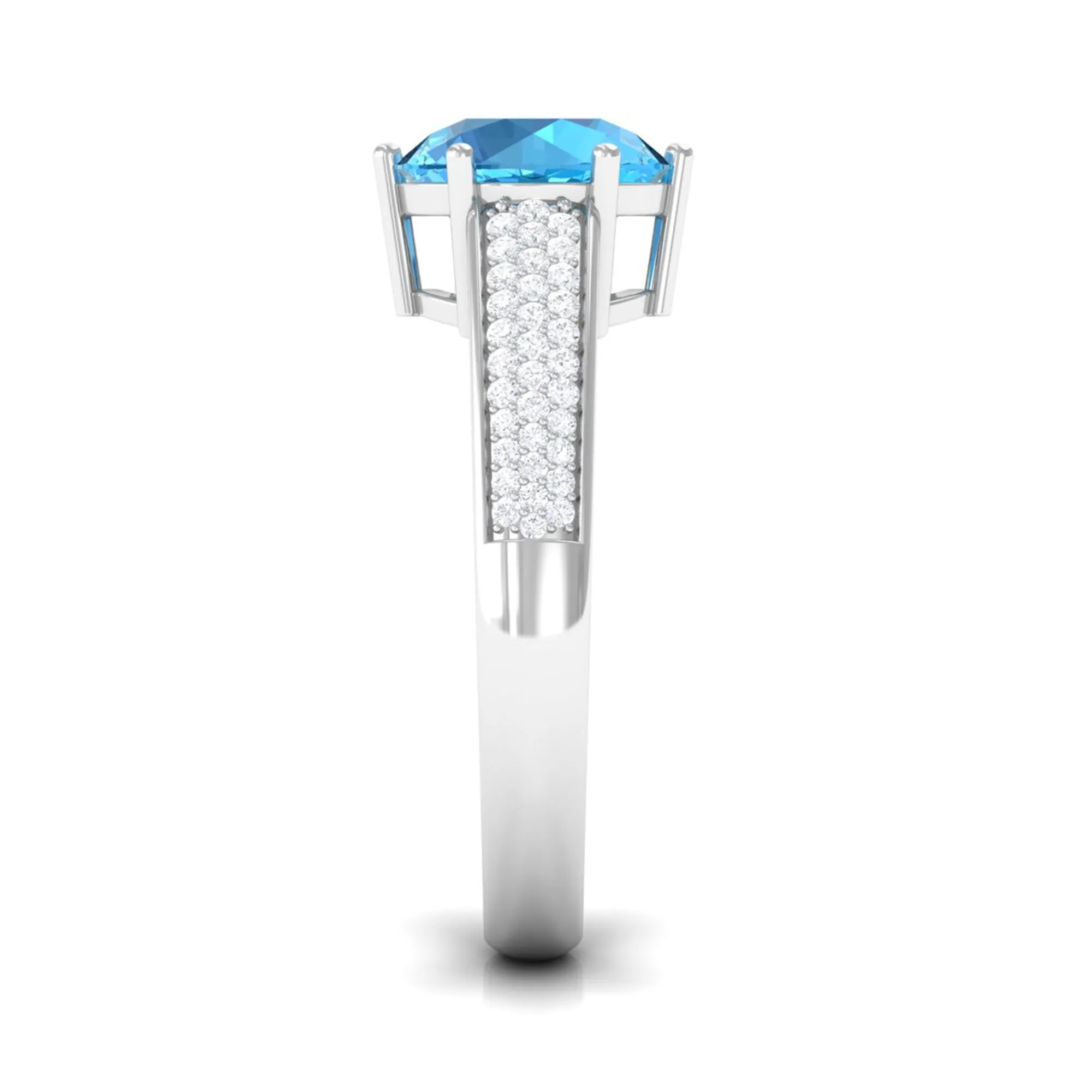 Round Swiss Blue Topaz Solitaire Ring with Diamond Side Stones