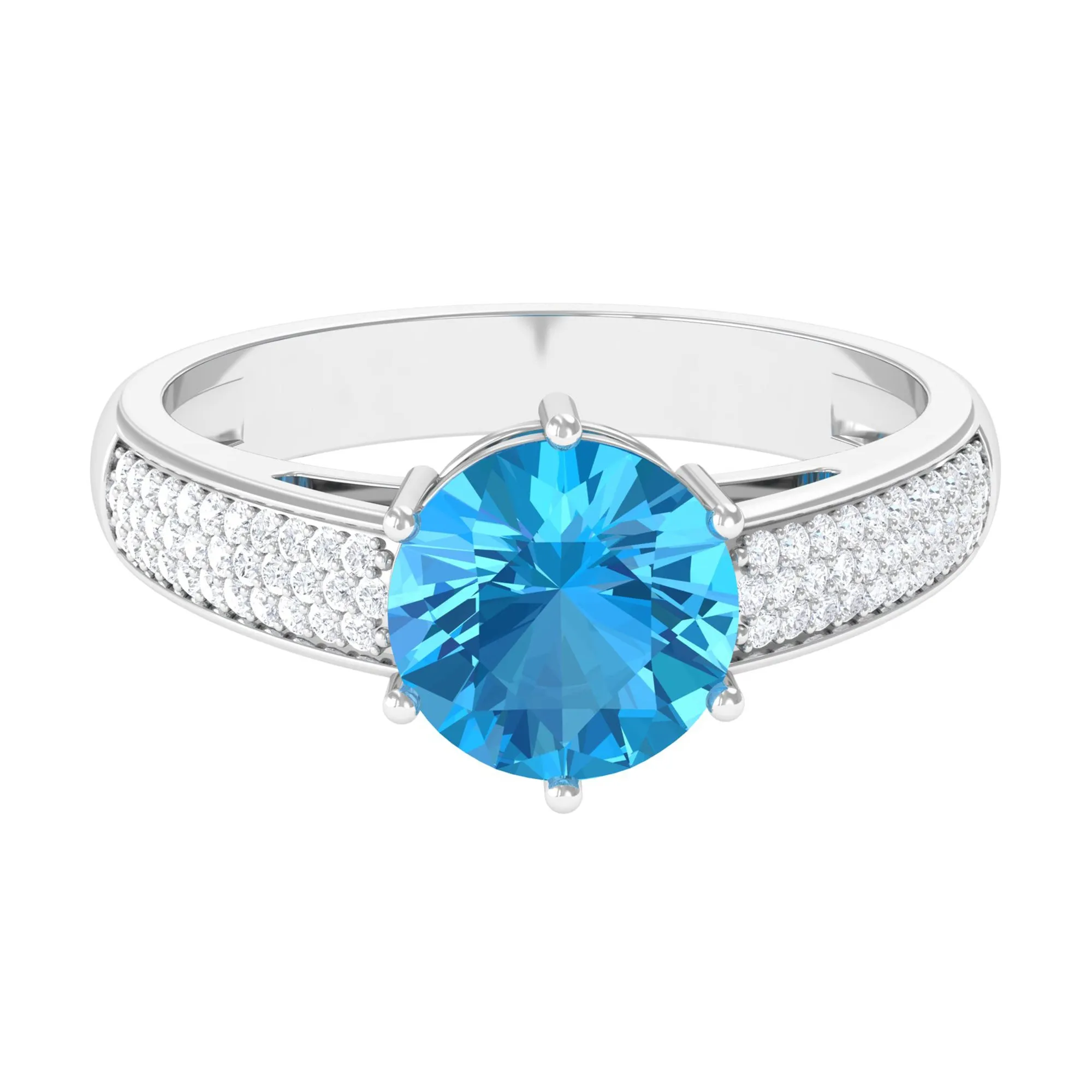 Round Swiss Blue Topaz Solitaire Ring with Diamond Side Stones