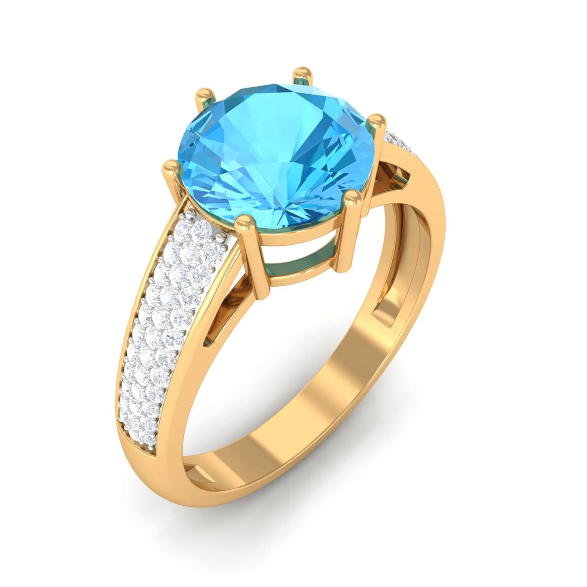 Round Swiss Blue Topaz Solitaire Ring with Diamond Side Stones