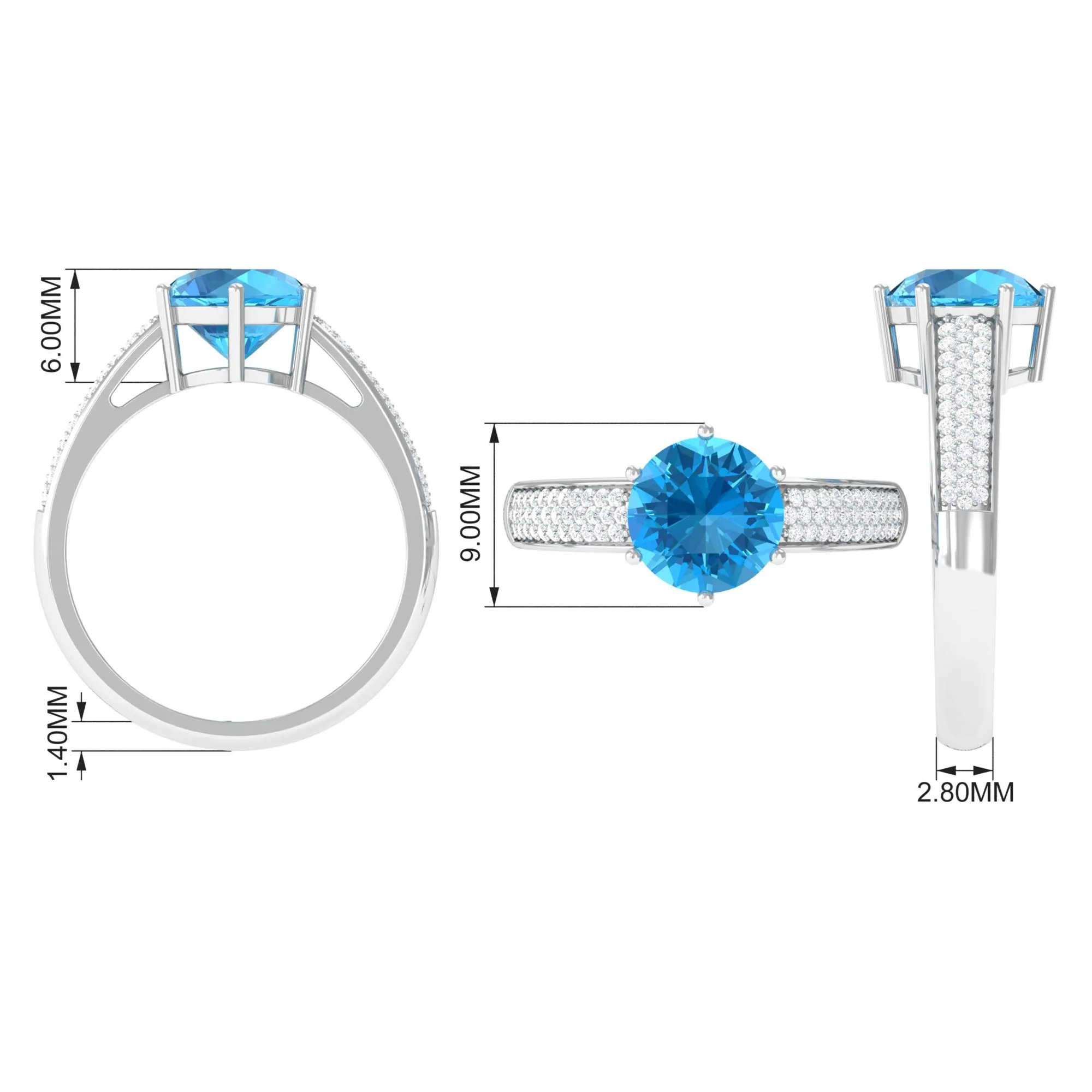 Round Swiss Blue Topaz Solitaire Ring with Diamond Side Stones