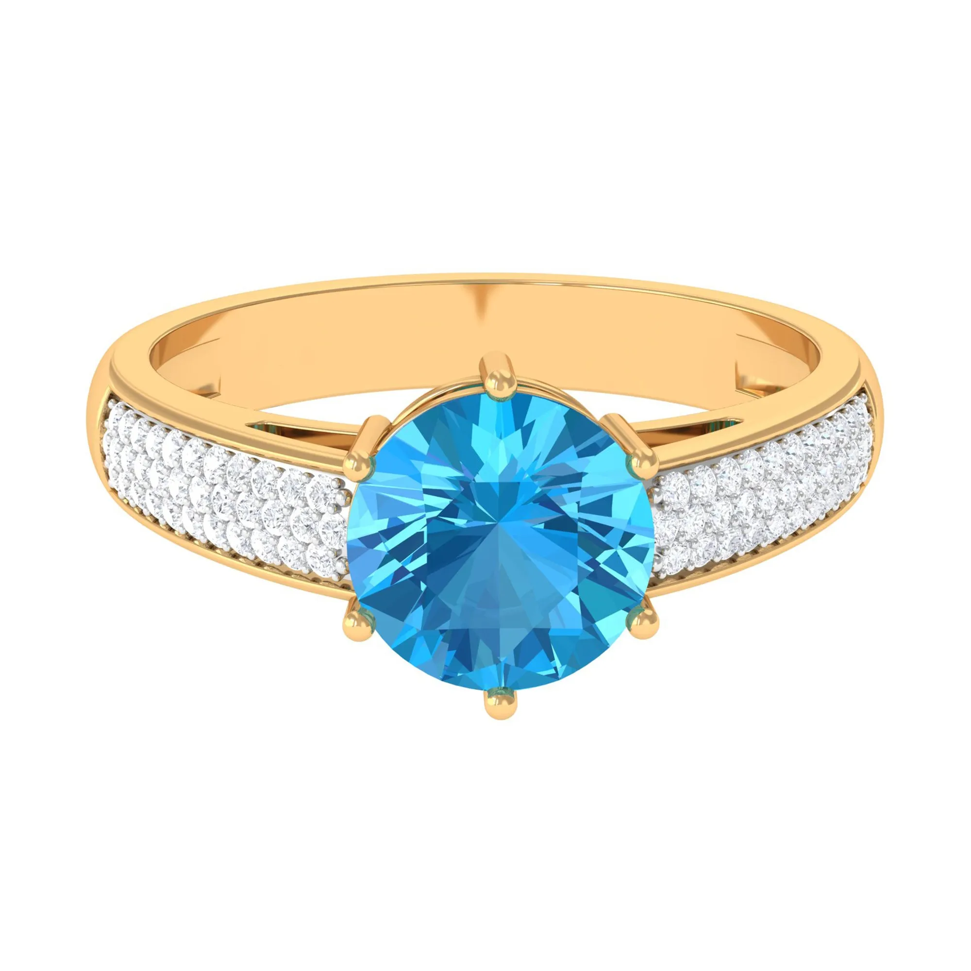 Round Swiss Blue Topaz Solitaire Ring with Diamond Side Stones