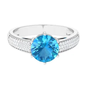 Round Swiss Blue Topaz Solitaire Ring with Diamond Side Stones