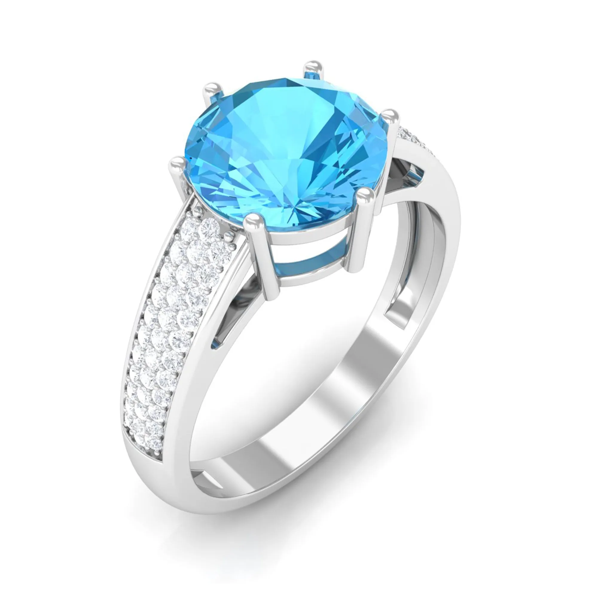 Round Swiss Blue Topaz Solitaire Ring with Diamond Side Stones