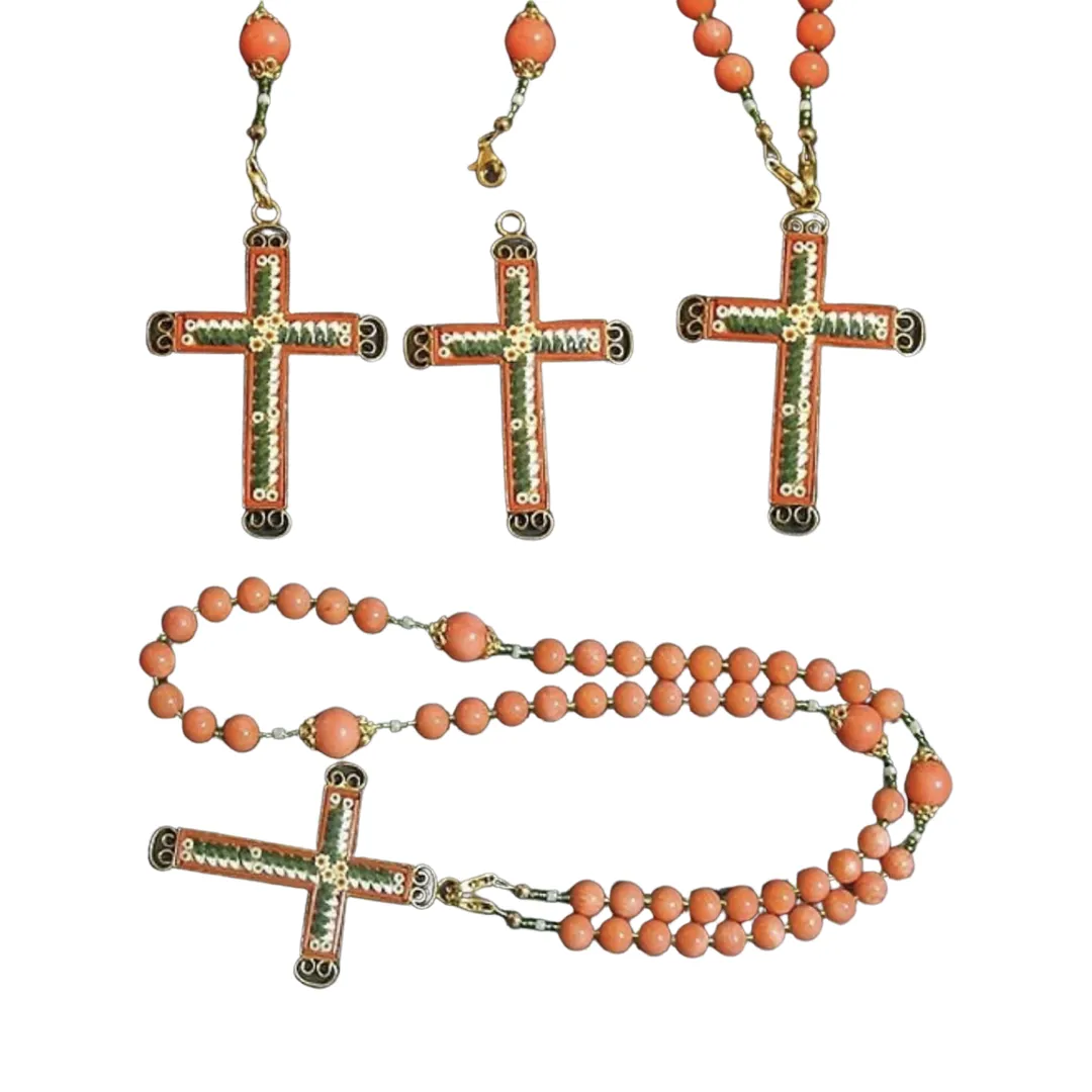 Salmon Coral Vermeil Micro Mosaic Cross Rosary Necklace