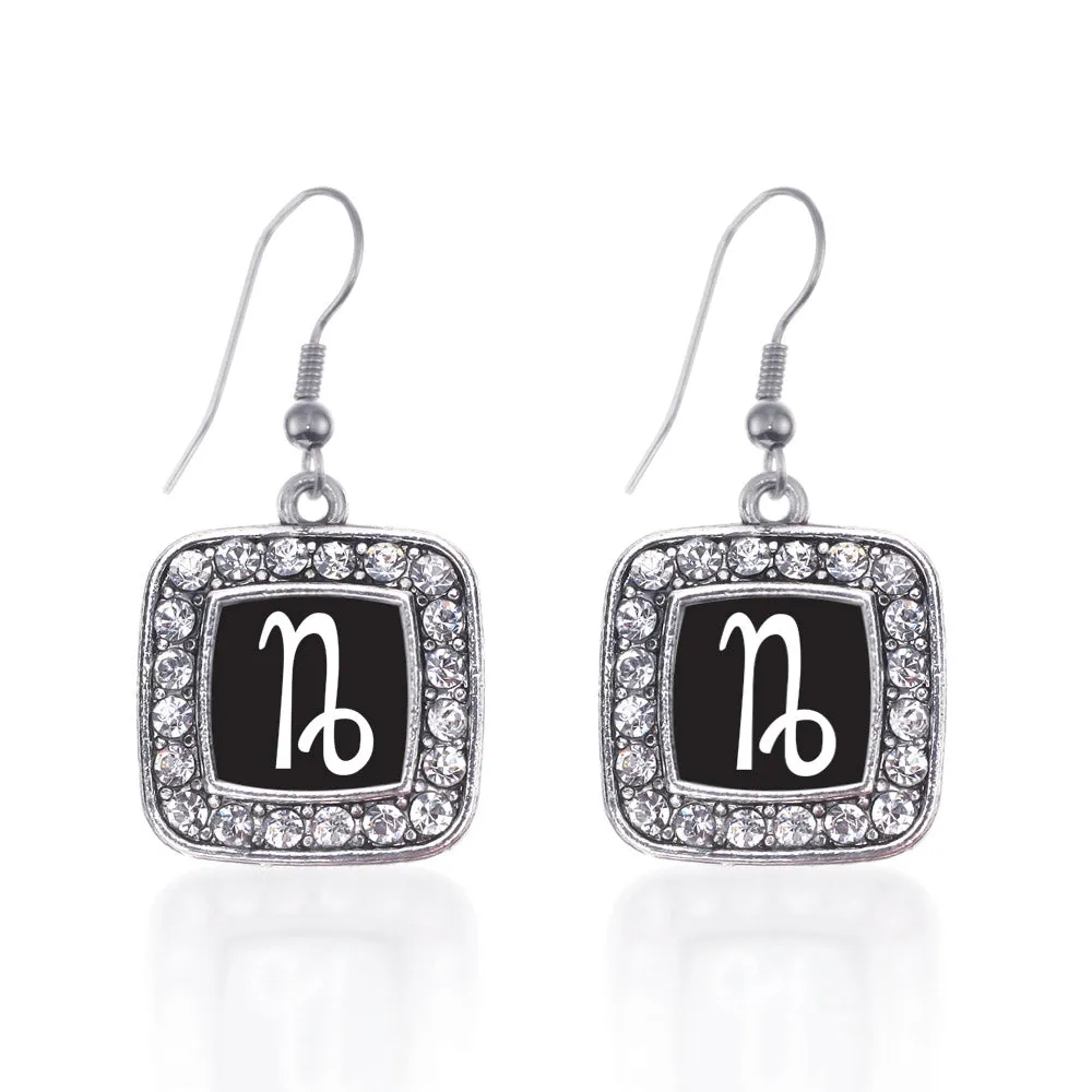 Silver Capricorn Zodiac Square Charm Dangle Earrings