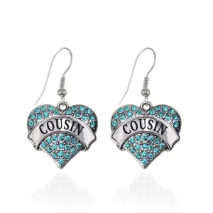 Silver Cousin Aqua Aqua Pave Heart Charm Dangle Earrings