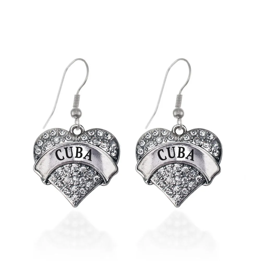 Silver Cuba Pave Heart Charm Dangle Earrings