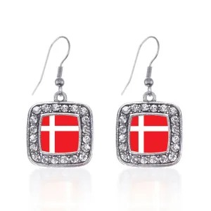 Silver Denmark Flag Square Charm Dangle Earrings