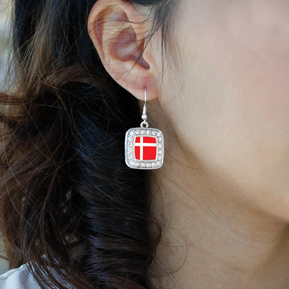 Silver Denmark Flag Square Charm Dangle Earrings