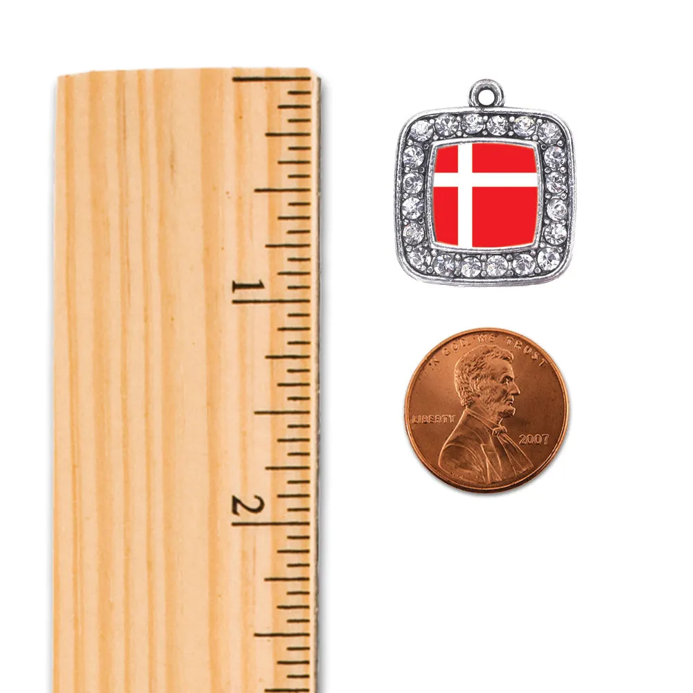 Silver Denmark Flag Square Charm Dangle Earrings