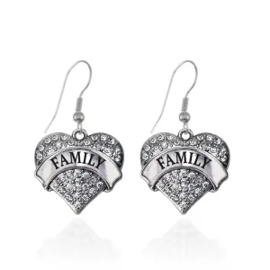 Silver Family Pave Heart Charm Dangle Earrings