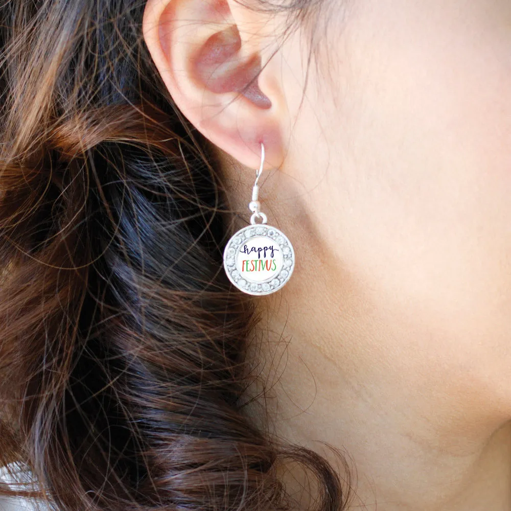 Silver Happy Festivus Circle Charm Dangle Earrings