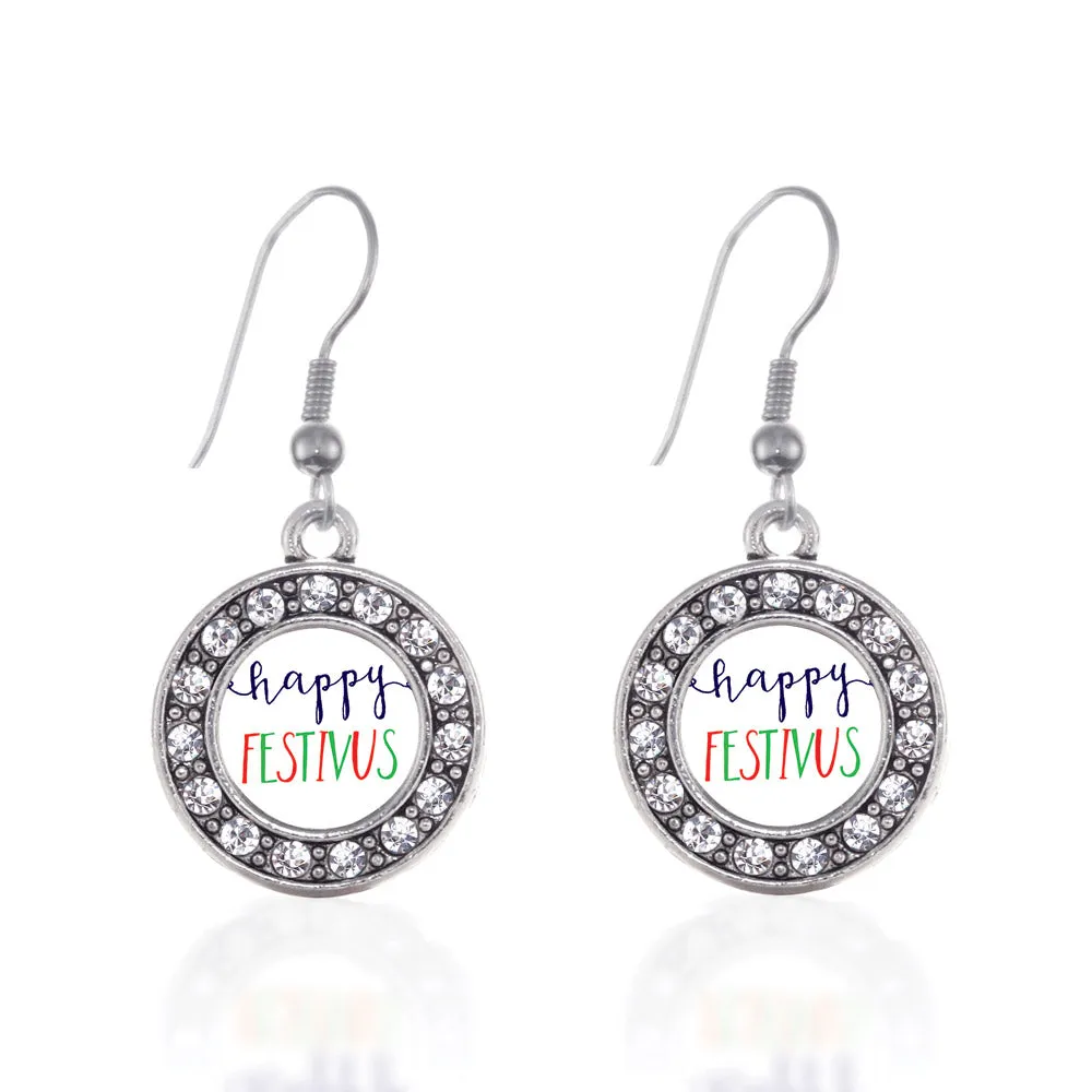 Silver Happy Festivus Circle Charm Dangle Earrings