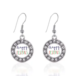 Silver Happy Festivus Circle Charm Dangle Earrings