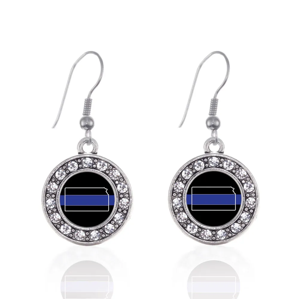 Silver Kansas Thin Blue Line Circle Charm Dangle Earrings