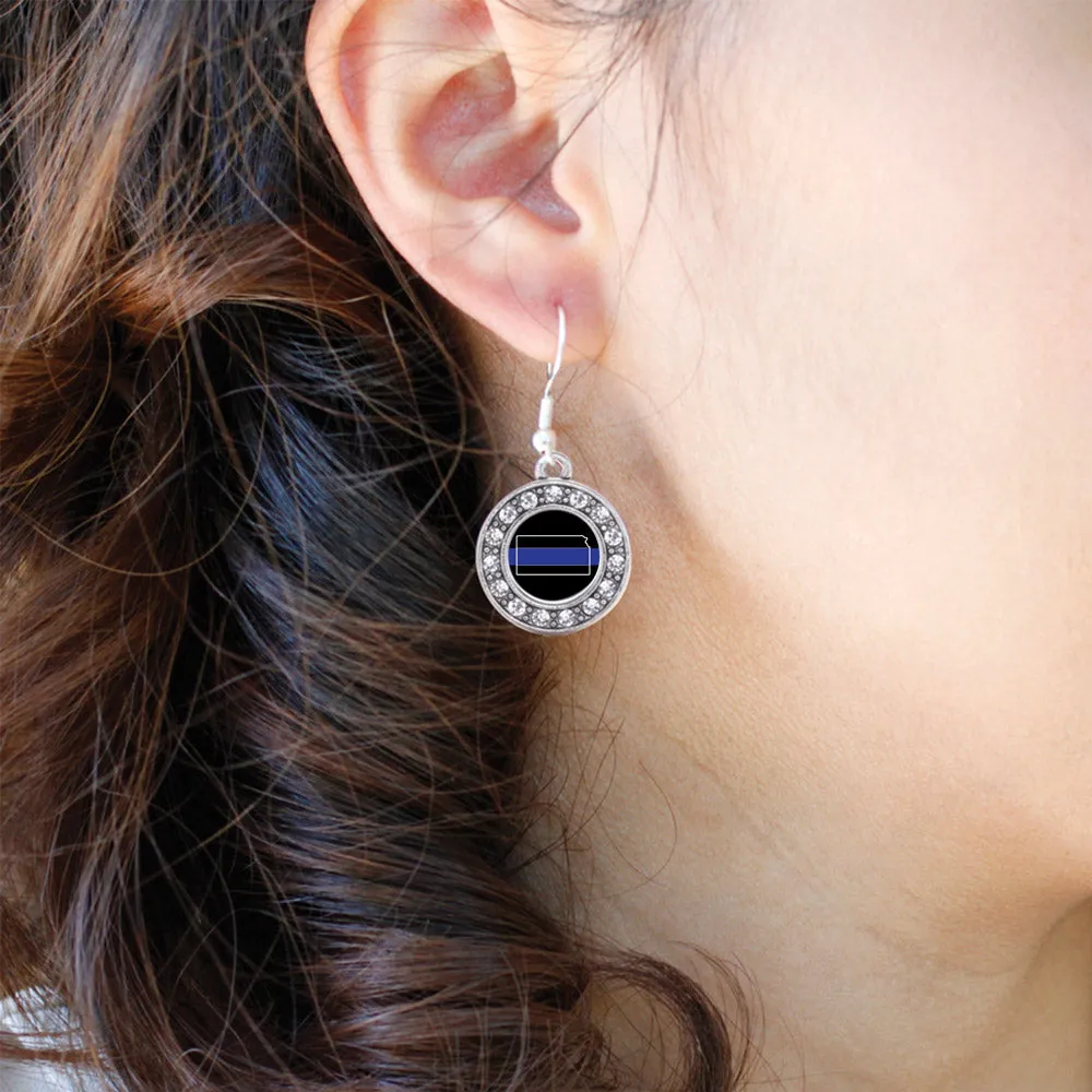 Silver Kansas Thin Blue Line Circle Charm Dangle Earrings