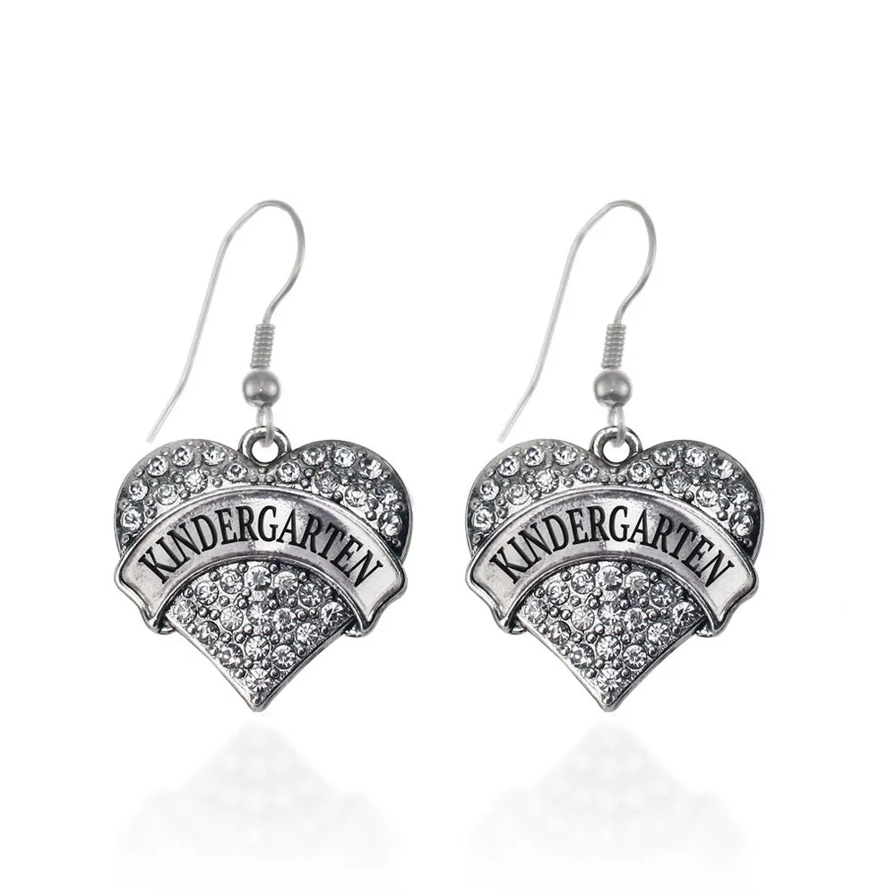 Silver Kindergarten Pave Heart Charm Dangle Earrings