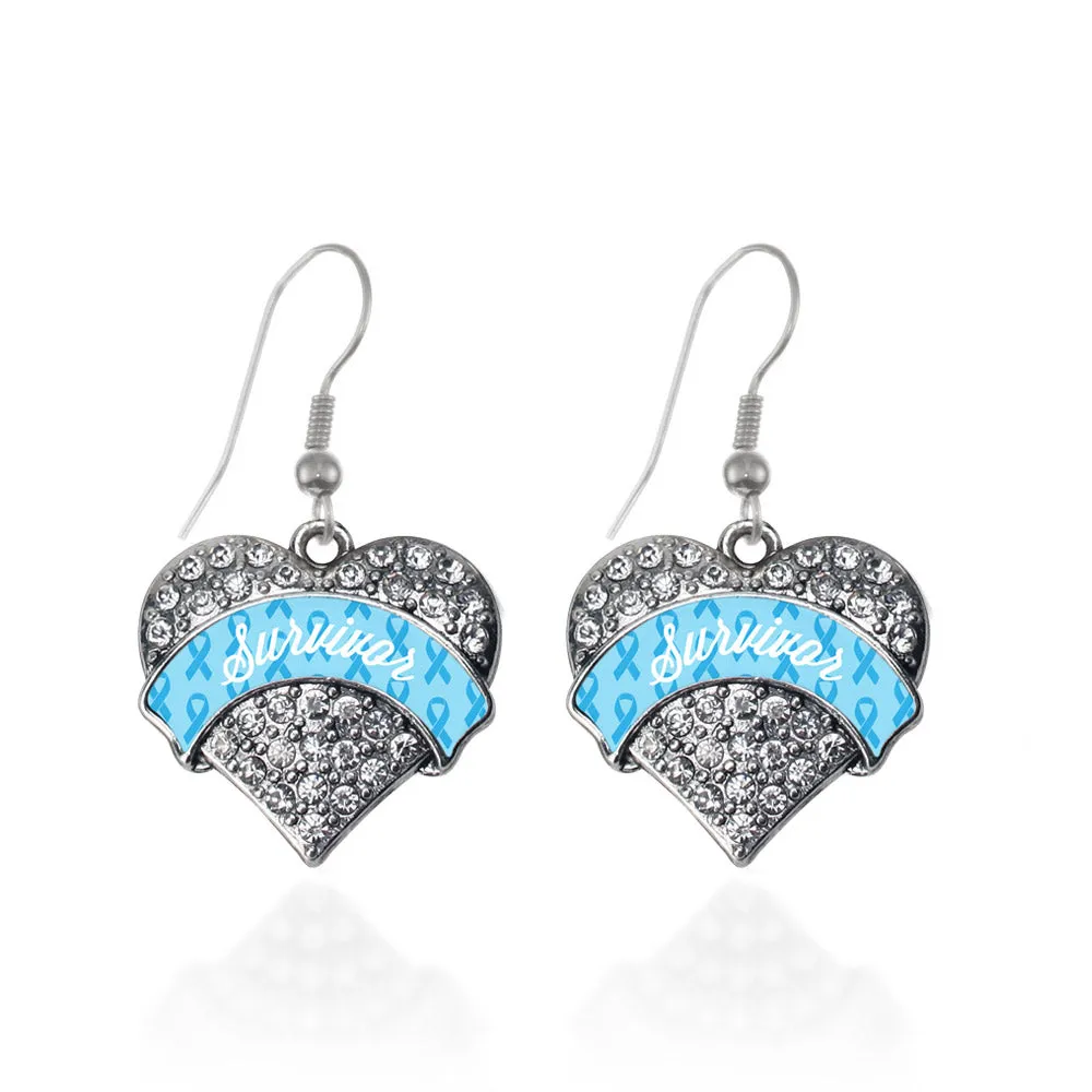 Silver Light Blue Survivor Pave Heart Charm Dangle Earrings