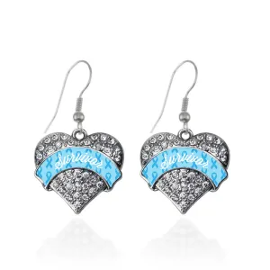 Silver Light Blue Survivor Pave Heart Charm Dangle Earrings