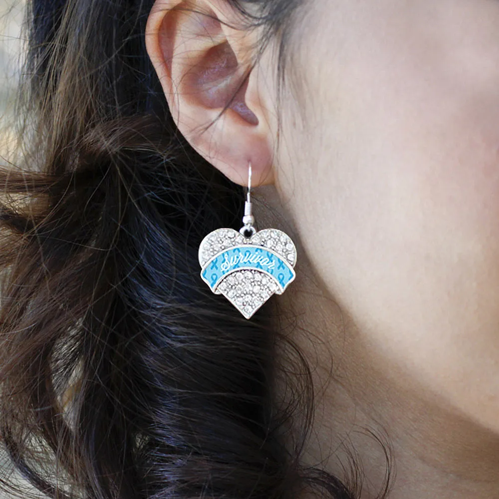 Silver Light Blue Survivor Pave Heart Charm Dangle Earrings