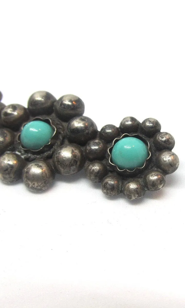 SILVER LINING 1930s Silver Floral Beaded Bar Pin with Turquoise Color Beads