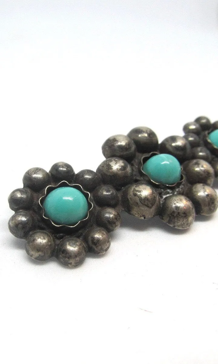 SILVER LINING 1930s Silver Floral Beaded Bar Pin with Turquoise Color Beads