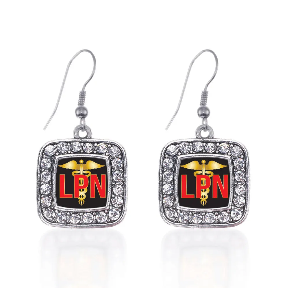 Silver LPN Square Charm Dangle Earrings