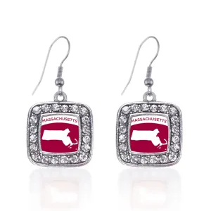 Silver Massachusetts Outline Square Charm Dangle Earrings