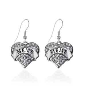 Silver Meme Pave Heart Charm Dangle Earrings