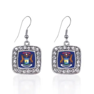 Silver Michigan Flag Square Charm Dangle Earrings