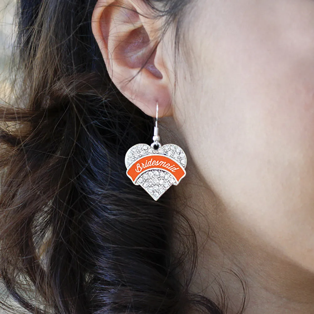 Silver Orange Bridesmaid Pave Heart Charm Dangle Earrings