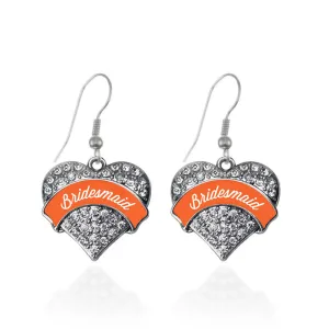 Silver Orange Bridesmaid Pave Heart Charm Dangle Earrings