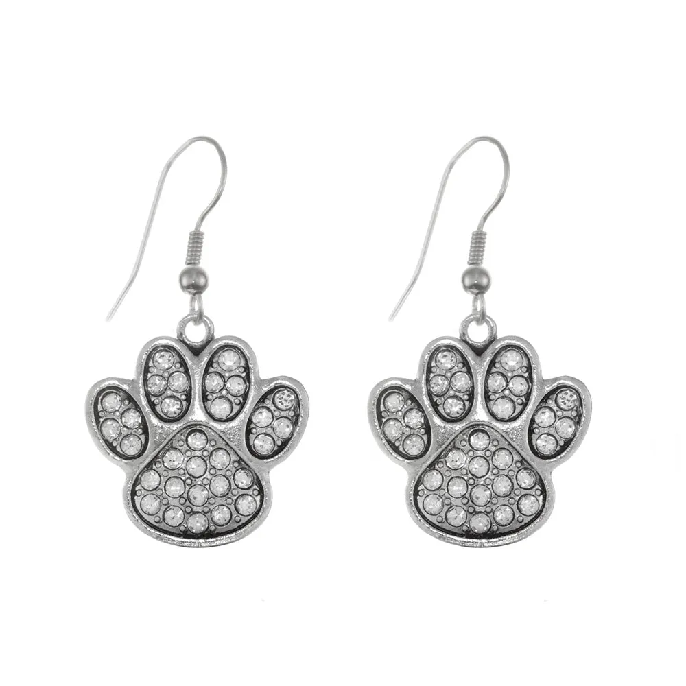 Silver Paw Print Charm Dangle Earrings