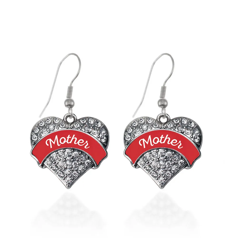 Silver Red Mother Pave Heart Charm Dangle Earrings