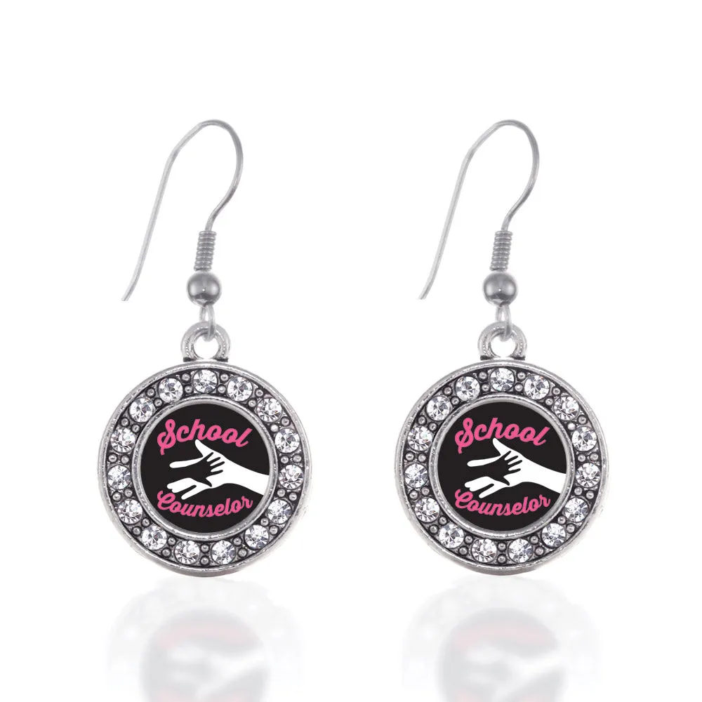 Silver School Counselor Circle Charm Dangle Earrings