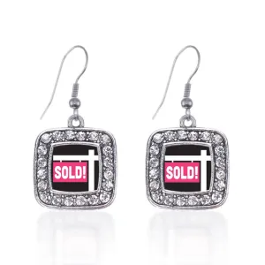 Silver Sold Square Charm Dangle Earrings