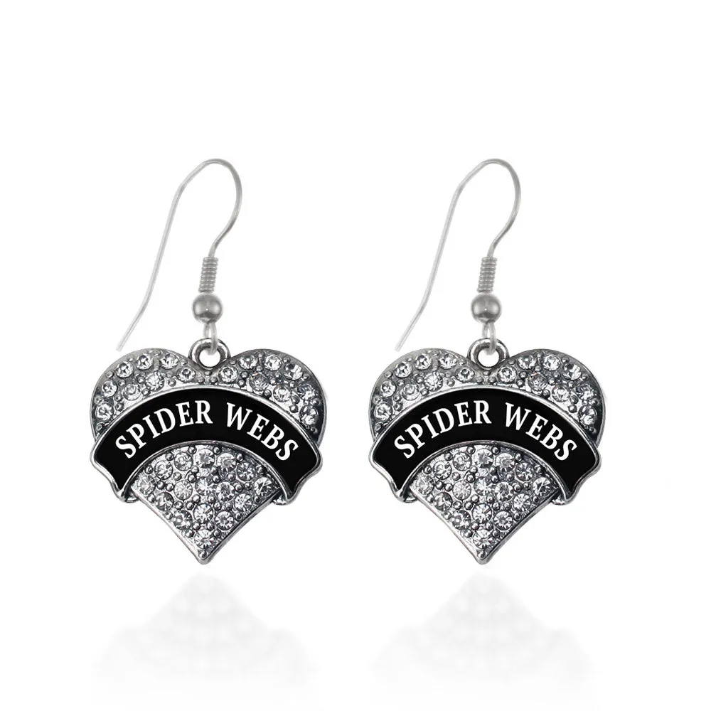 Silver Spider Webs Pave Heart Charm Dangle Earrings