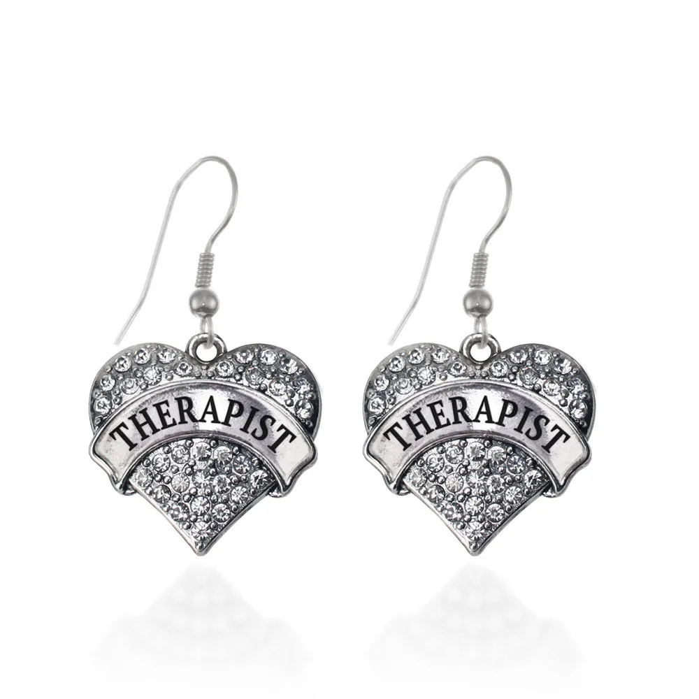 Silver Therapist Pave Heart Charm Dangle Earrings