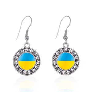 Silver Ukraine Flag Circle Charm Dangle Earrings