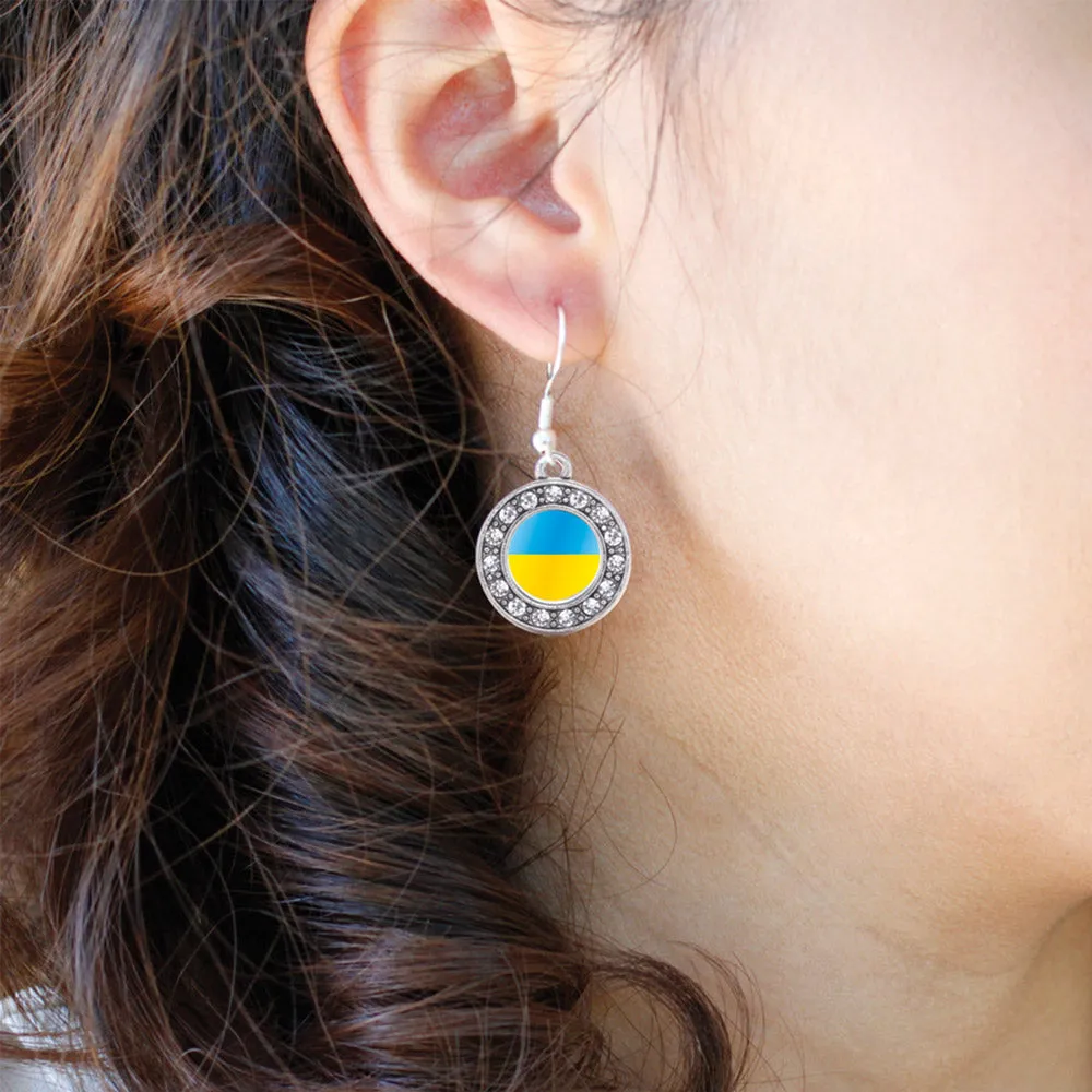 Silver Ukraine Flag Circle Charm Dangle Earrings