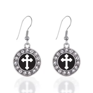 Silver Vintage Cross Circle Charm Dangle Earrings