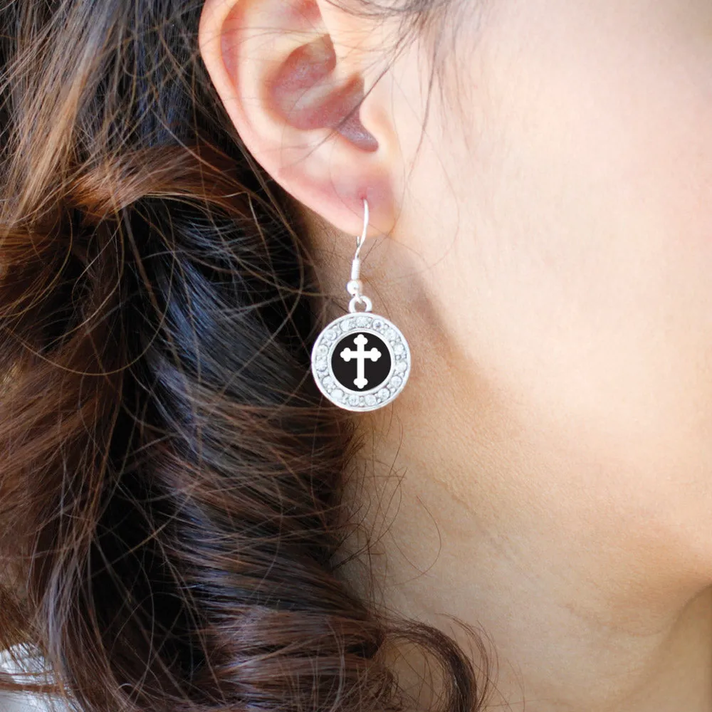 Silver Vintage Cross Circle Charm Dangle Earrings