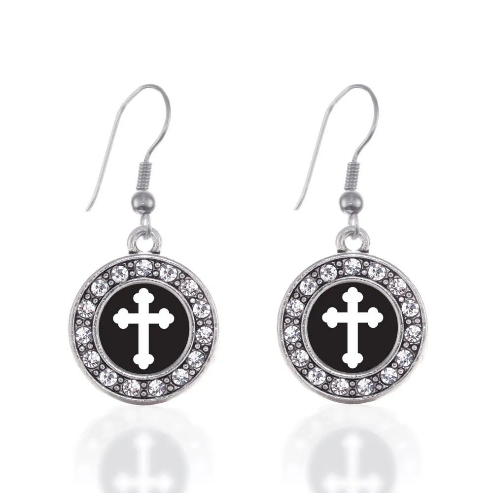 Silver Vintage Cross Circle Charm Dangle Earrings