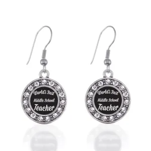 Silver World's Best Middle School Teacher Circle Charm Dangle Earrings